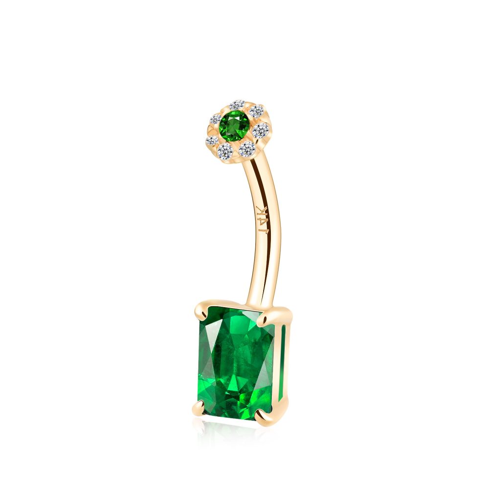 Green Daisy Flower & Emerald Cut Gem 14K Gold Belly Ring