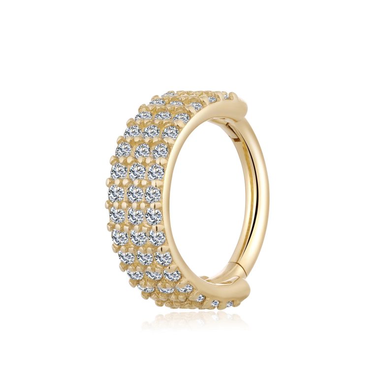 14 Karat Gold Brilliant Sparkle Triple Lined Gems Seamless Clicker Hoop Ring