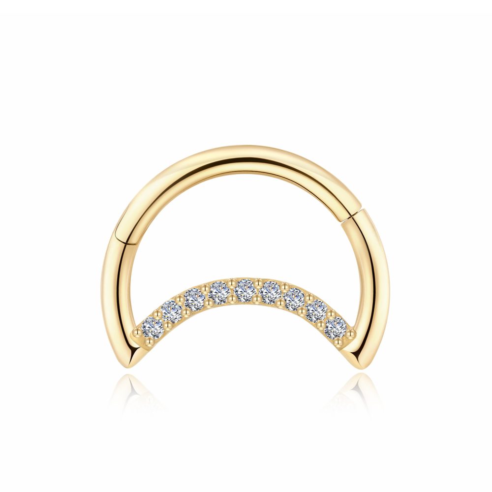 14 Karat Gold Brilliant Sparkle Gem Lined Crescent Moon Seamless Clicker Hoop Ring