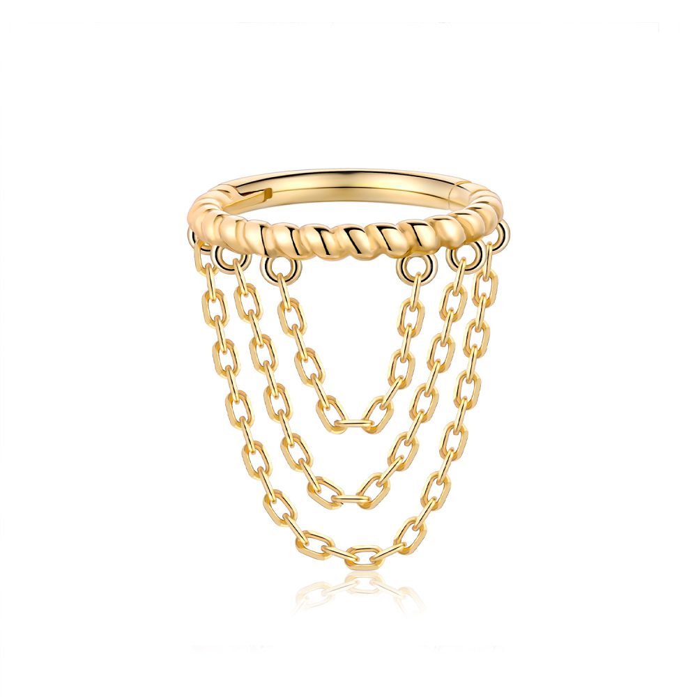 14K Solid Gold Cascading Chains Spiral Pattern Hoop Clicker Ring