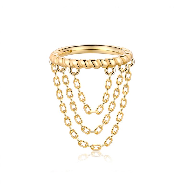 14K Solid Gold Cascading Chains Spiral Pattern Hoop Clicker Ring