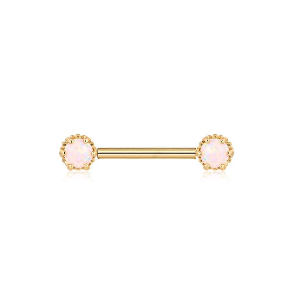 A Pair of 14 Karat Gold Prong Set Fire Opal Sparkle Nipple Barbell