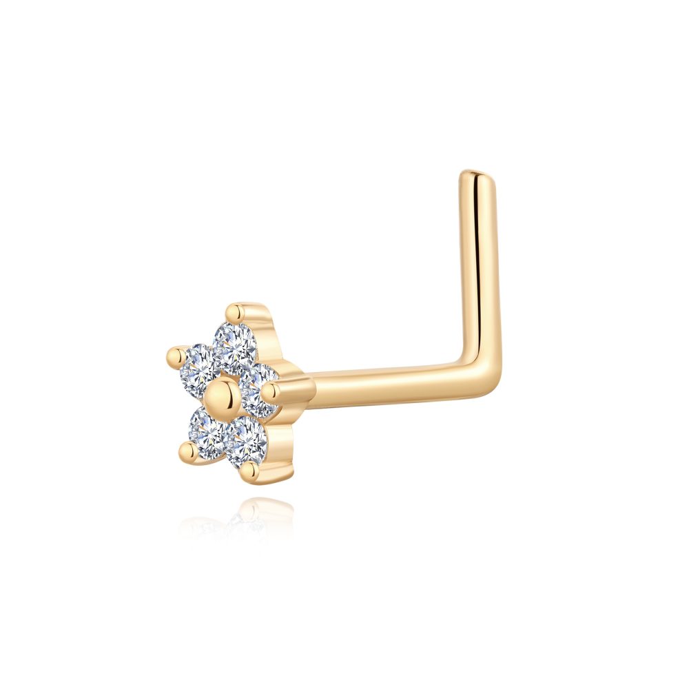 14 Karat Gold Spring Flower Sparkle L-Shaped Nose Ring