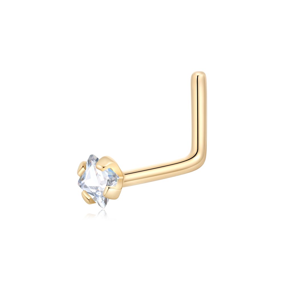 14K Gold Prong Set Star Top L-Shaped Nose Ring