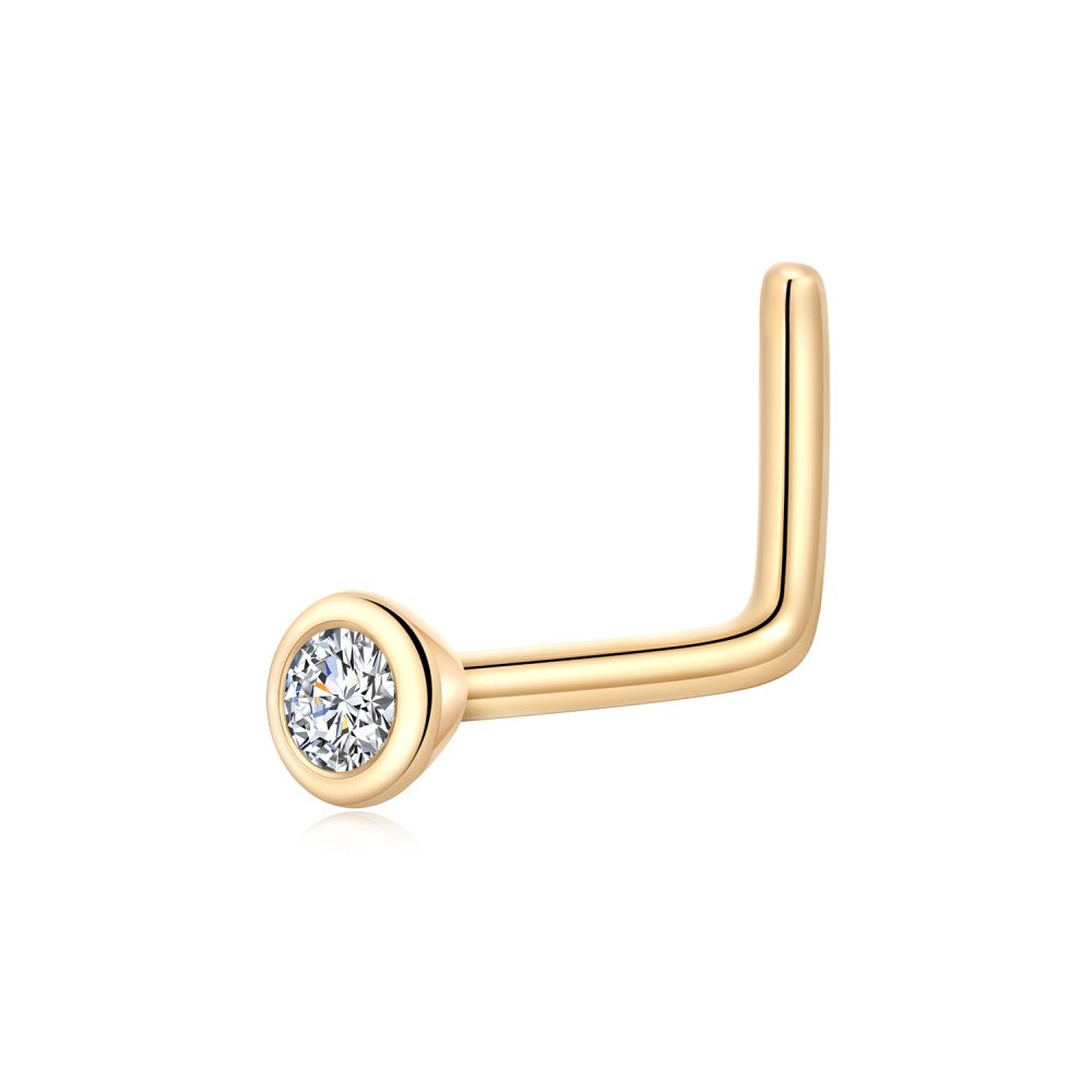 14 Karat Gold Bezel Set L-Shaped Nose Ring