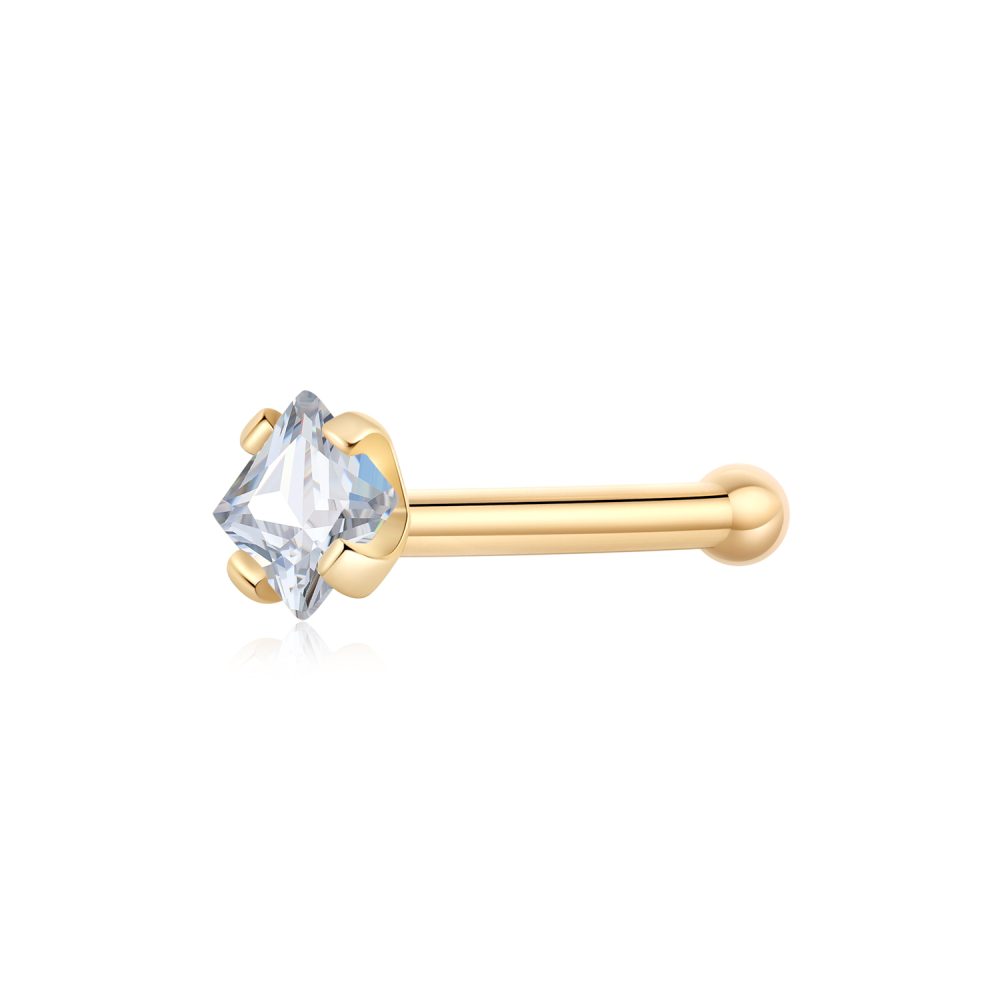 14K Yellow Gold Cubic Zirconia Straight Bone Stud Nose Ring