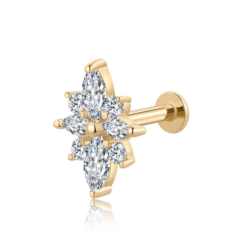 14K Gold CZ Flower Internally Threaded Labret Stud