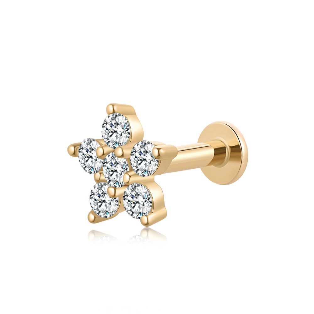 14K Gold CZ Flower Internally Threaded Labret Stud