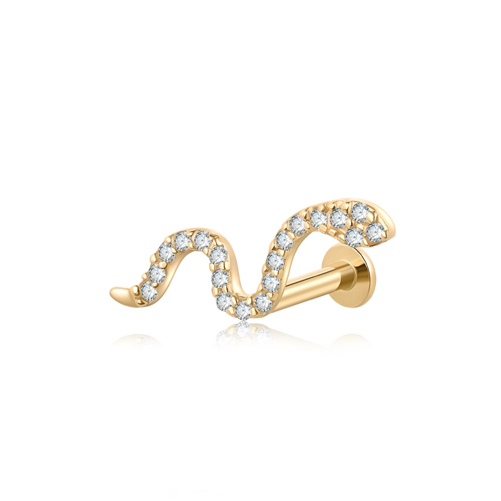 14K Gold CZ Serpent Shape Threadless Labret Studs