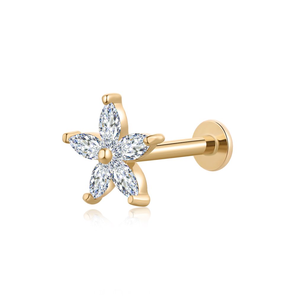 14K Gold CZ Flower Threadless Labret Stud