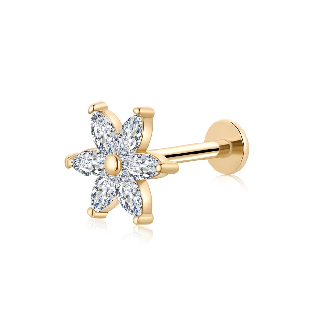 14K Gold CZ Marquise-Cut Flower Threadless Stud