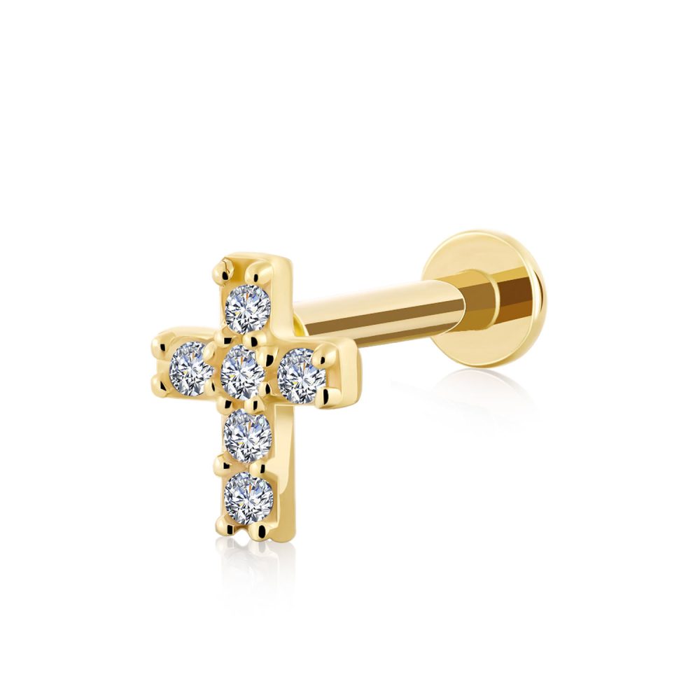 14k Gold Cross Threadless Flat Back Stud