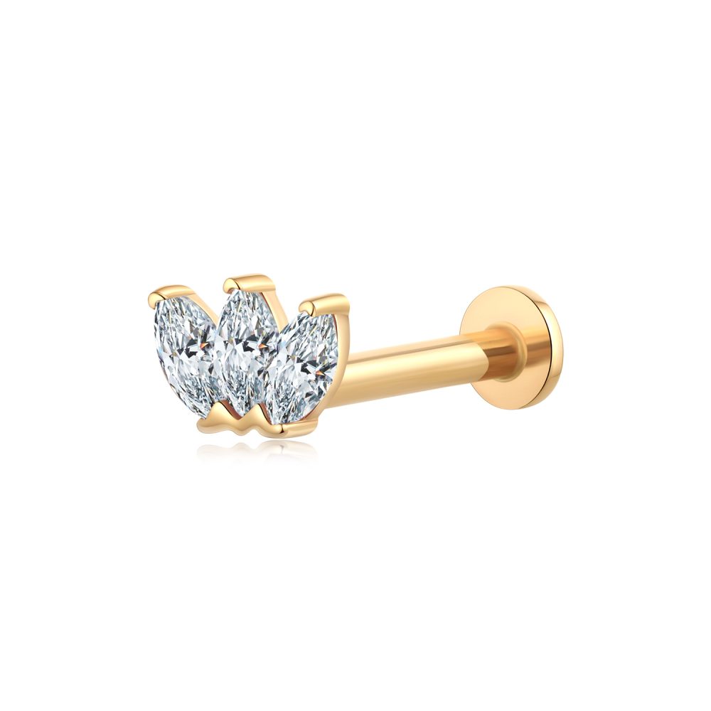 14 Karat Gold OneFit™ Threadless Triple Marquise Sparkle Flower Flat Back Stud Labret