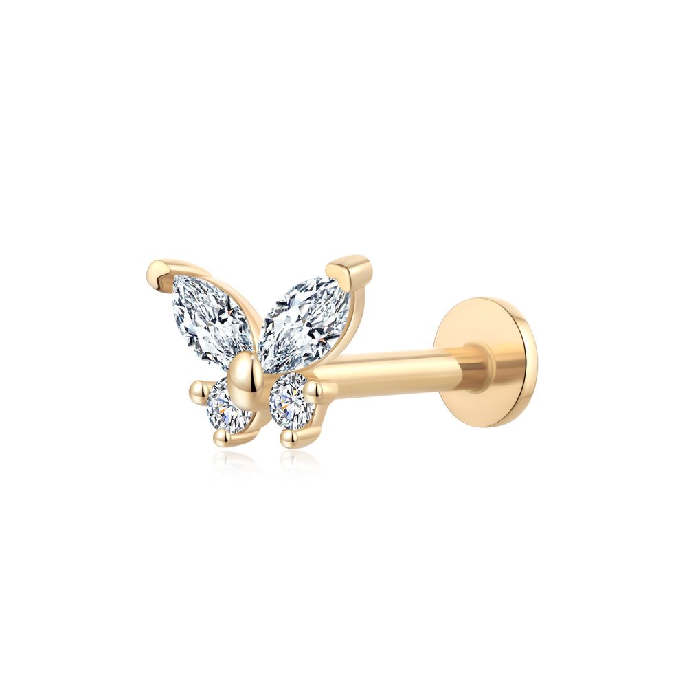 14 Karat Gold OneFit™ Threadless Dainty Butterfly Sparkle Flat Back Stud Labret