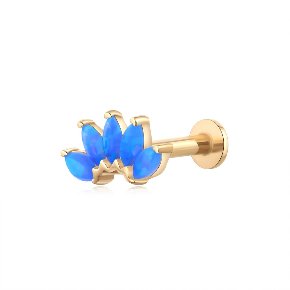 14 Karat Gold Threadless Marquise Fire Opal Flower Flat Back Stud Labret