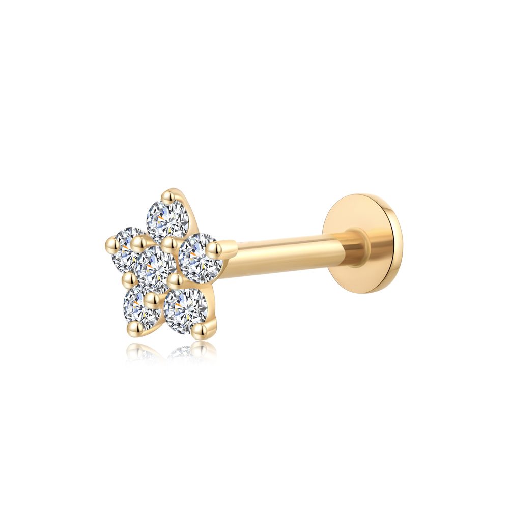 14K Gold CZ Flower Threadless Labret Nose Studs