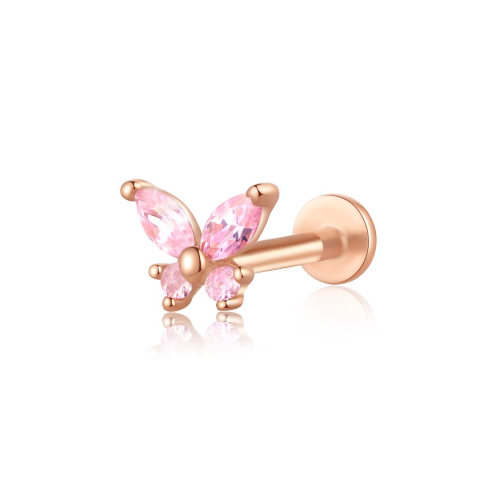 14K Gold CZ Butterfly Shape Threadless Tops Labret Studs