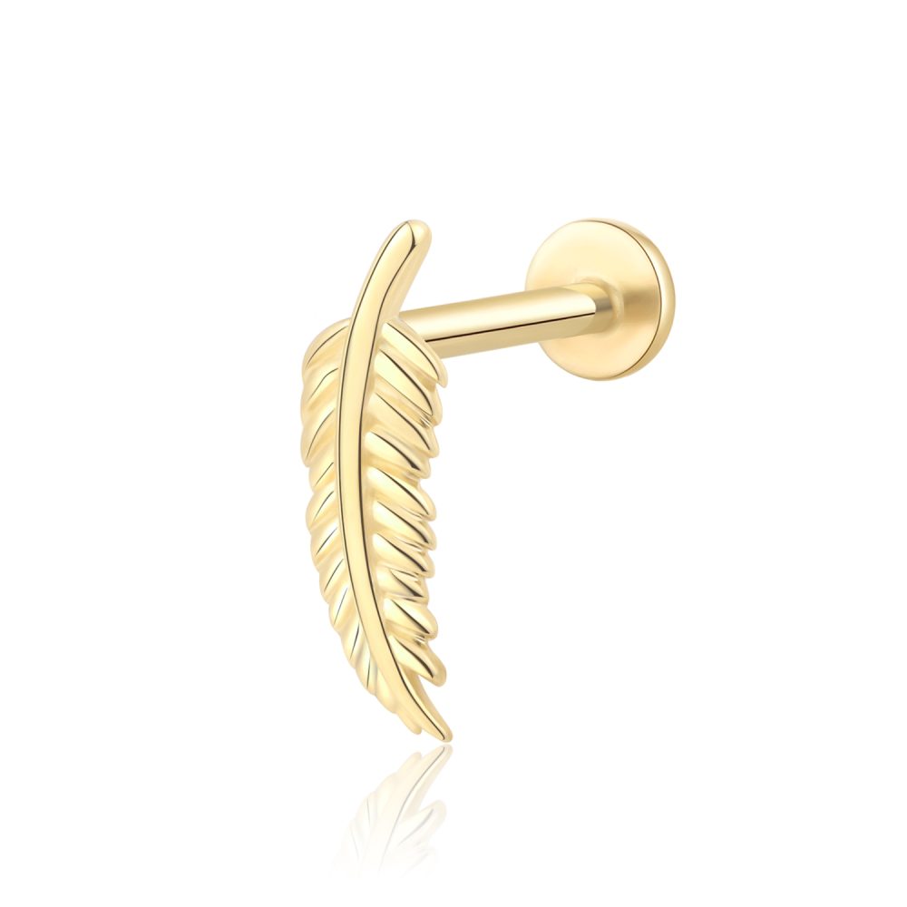 14K Gold Feather Shape Threadless Tops Labret Studs