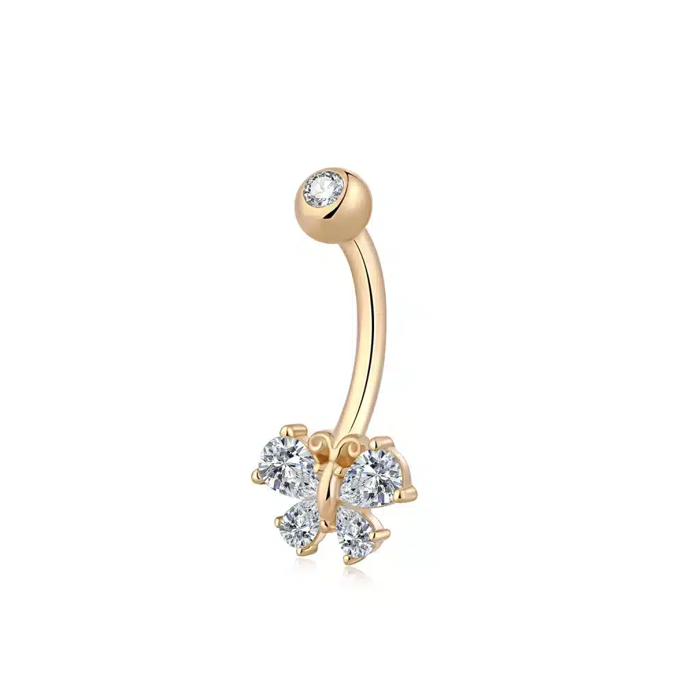 14K Solid Gold CZ Butterfly Body Jewelry Navel Ring