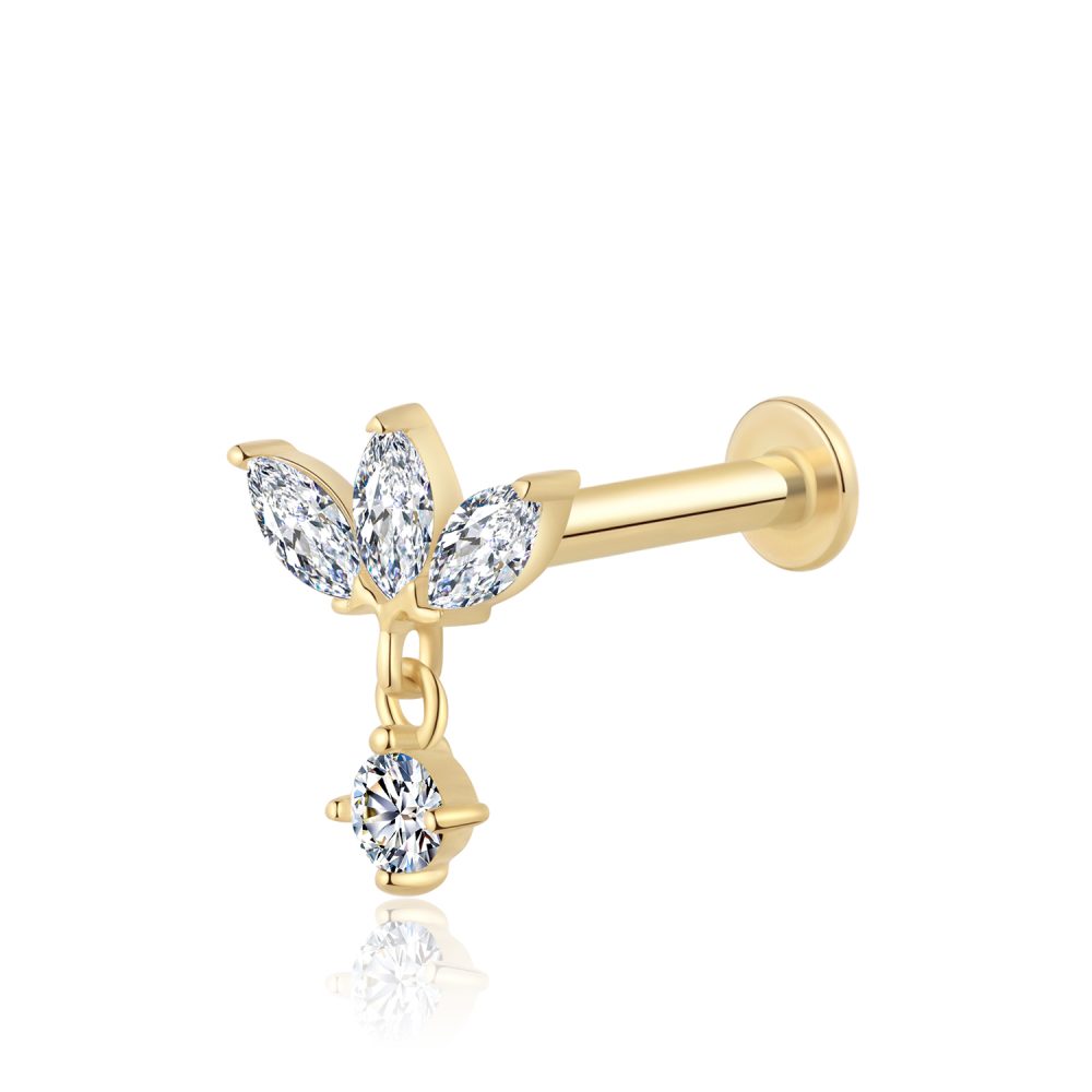 14K Gold CZ Retro Pendant Style Threadless Labret Studs