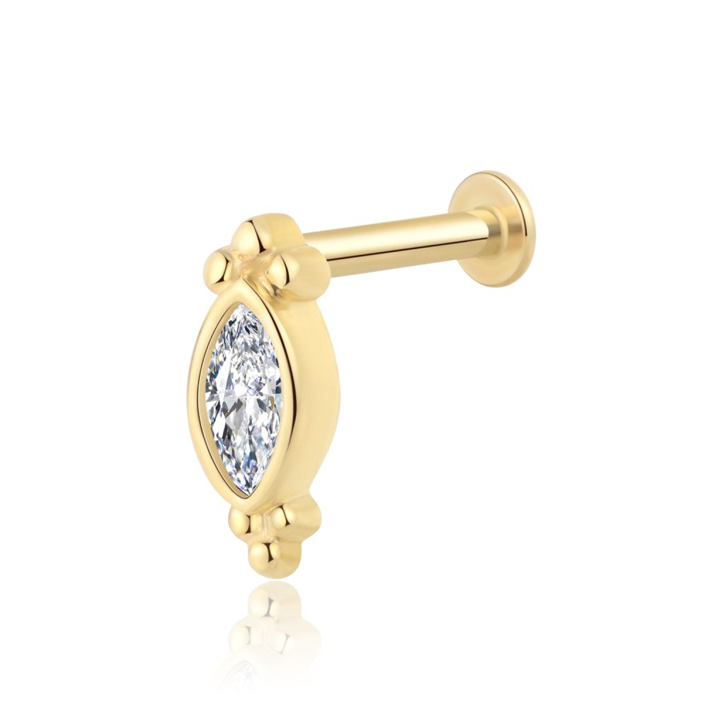 14K Solid Gold Oval CZ Retro Style Threadless Labret stud