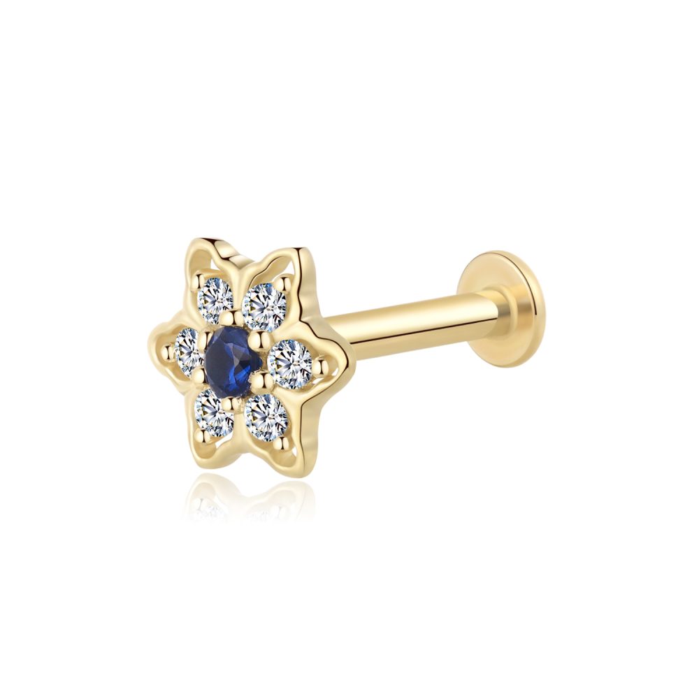 14K Solid Gold CZ Flowers Style Threadless Labret stud