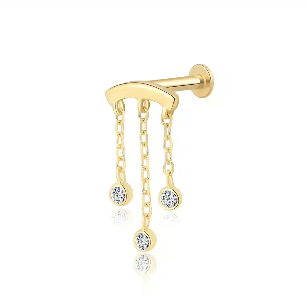 14K Solid Gold CZ Tassel Style Threadless Labret Stud