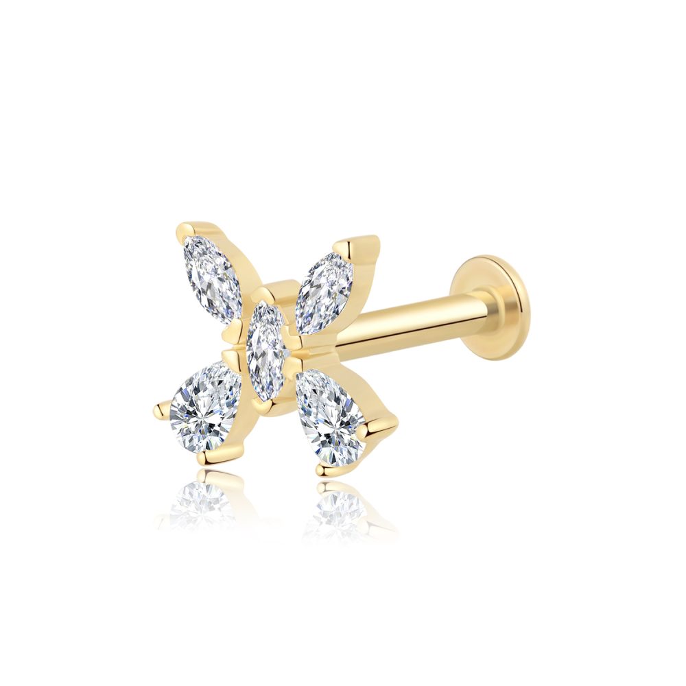 14K Solid Gold CZ Windmill Shape Threadless Labret Stud