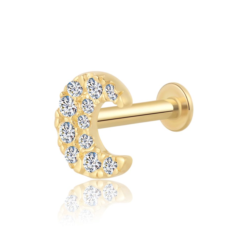 14K Gold CZ Moon Shape Threadless Tops Labret Studs