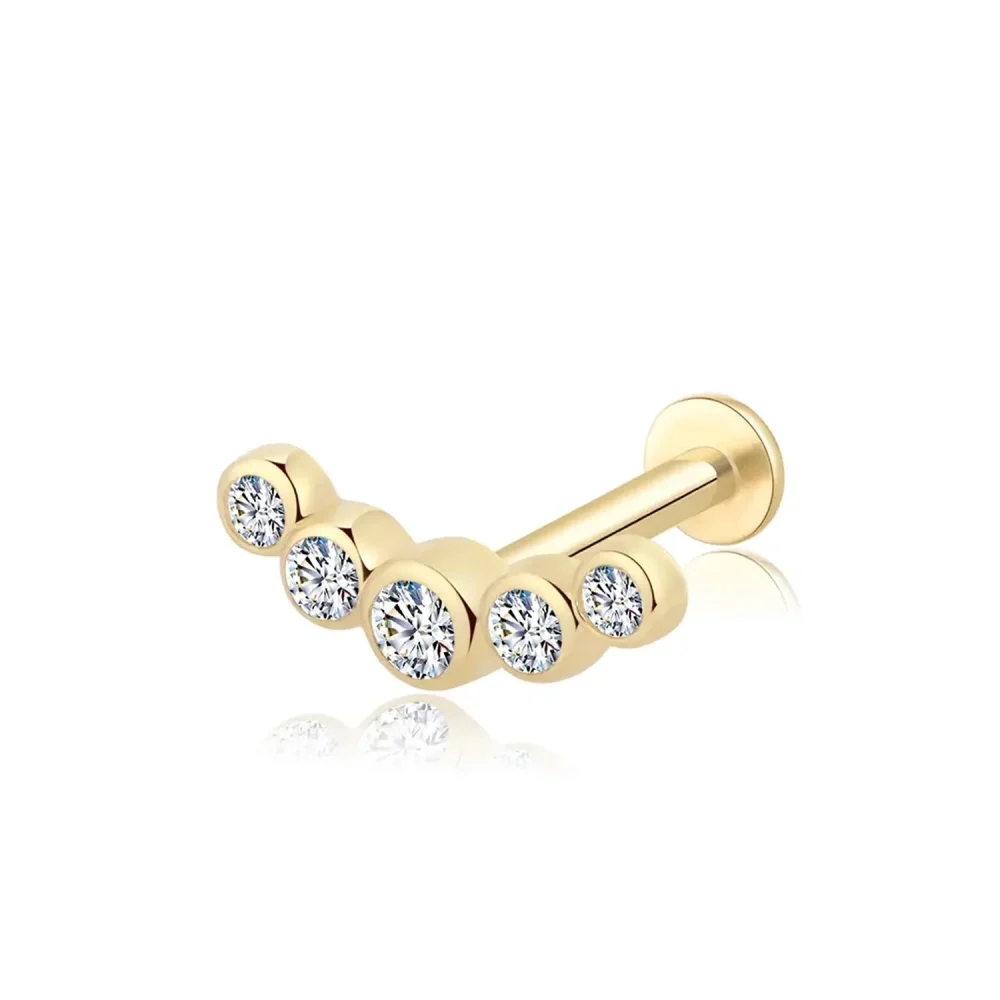 14K Solid Gold Round CZ Arc Shape Threadless Labret Stud