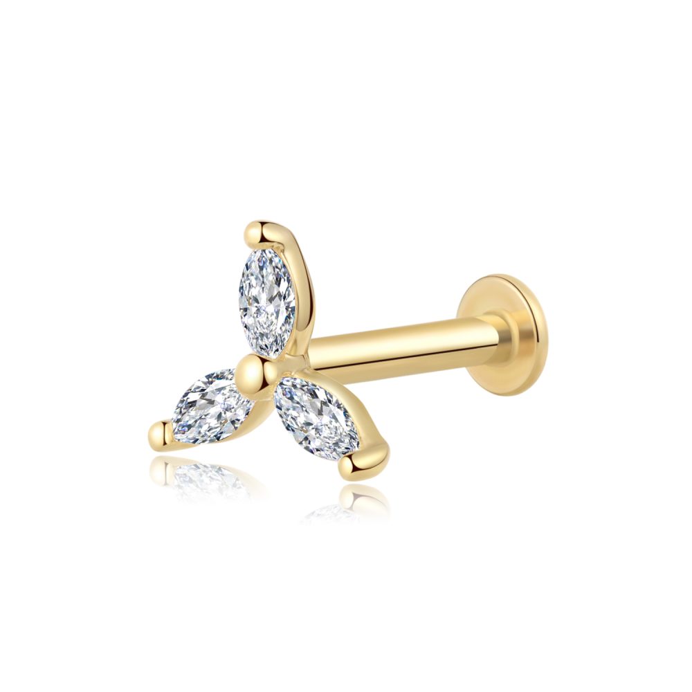 14K Gold CZ Clover Shape Threadless Labret Studs