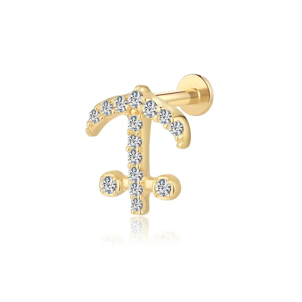 14K Solid Gold CZ Anchor Shape Internally Threaded Labret Stud