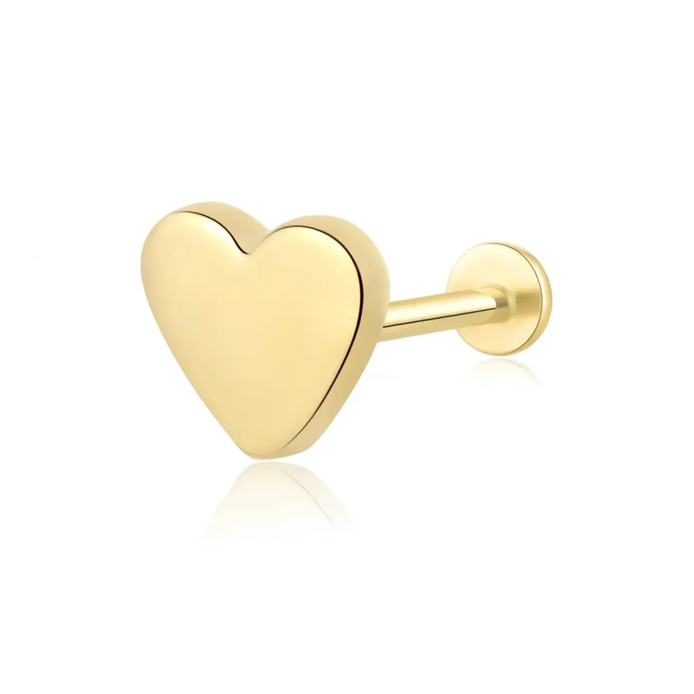 14K Solid Gold Heart Shaped Internally Threaded Labret Studs