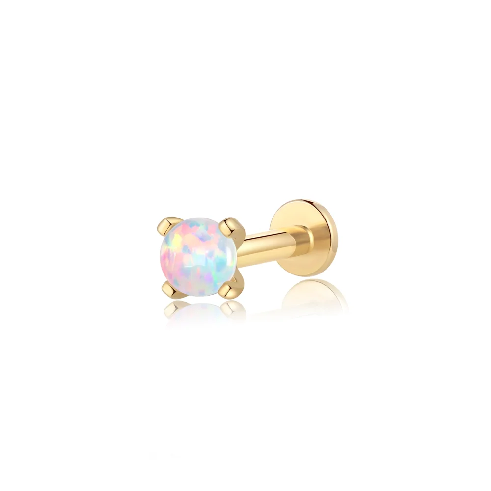 14K Solid Gold Round Opal Internally Threaded Labret Stud