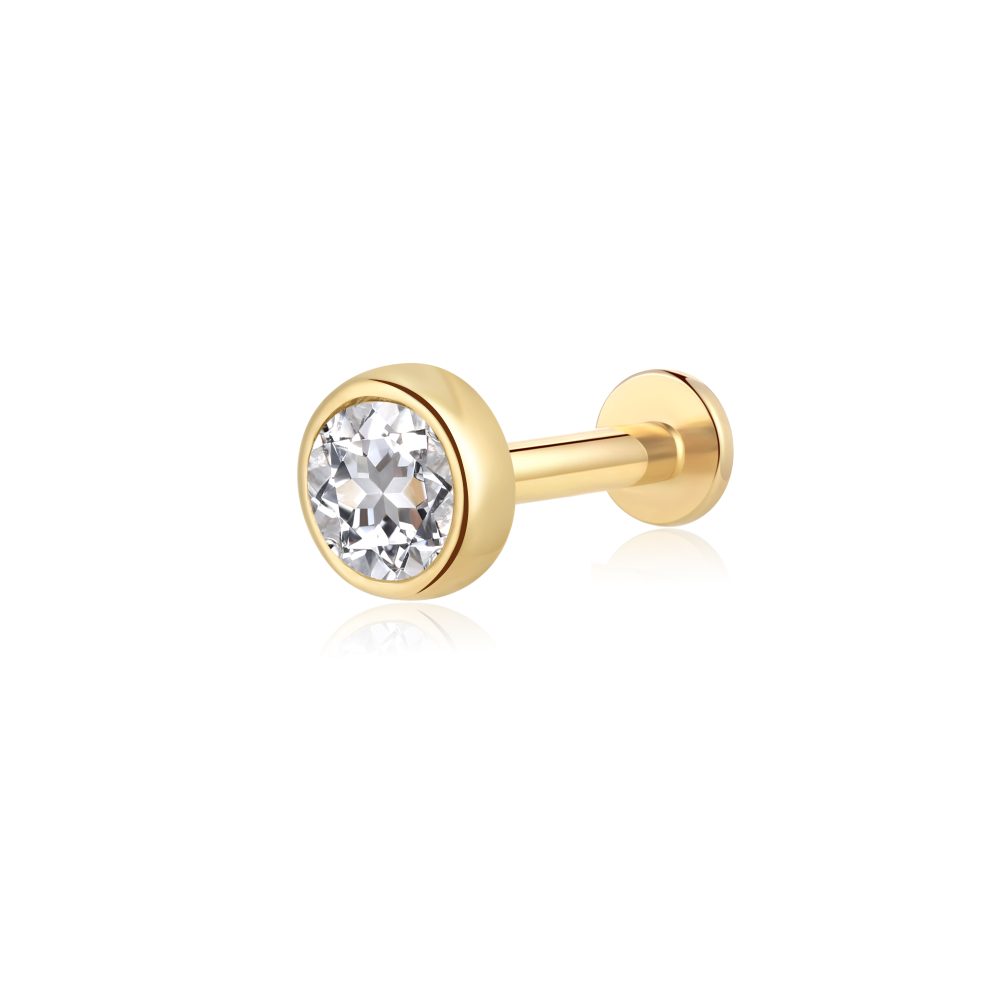 14K Solid Gold CZ Simple Round Style Internally Threaded Labret Stud