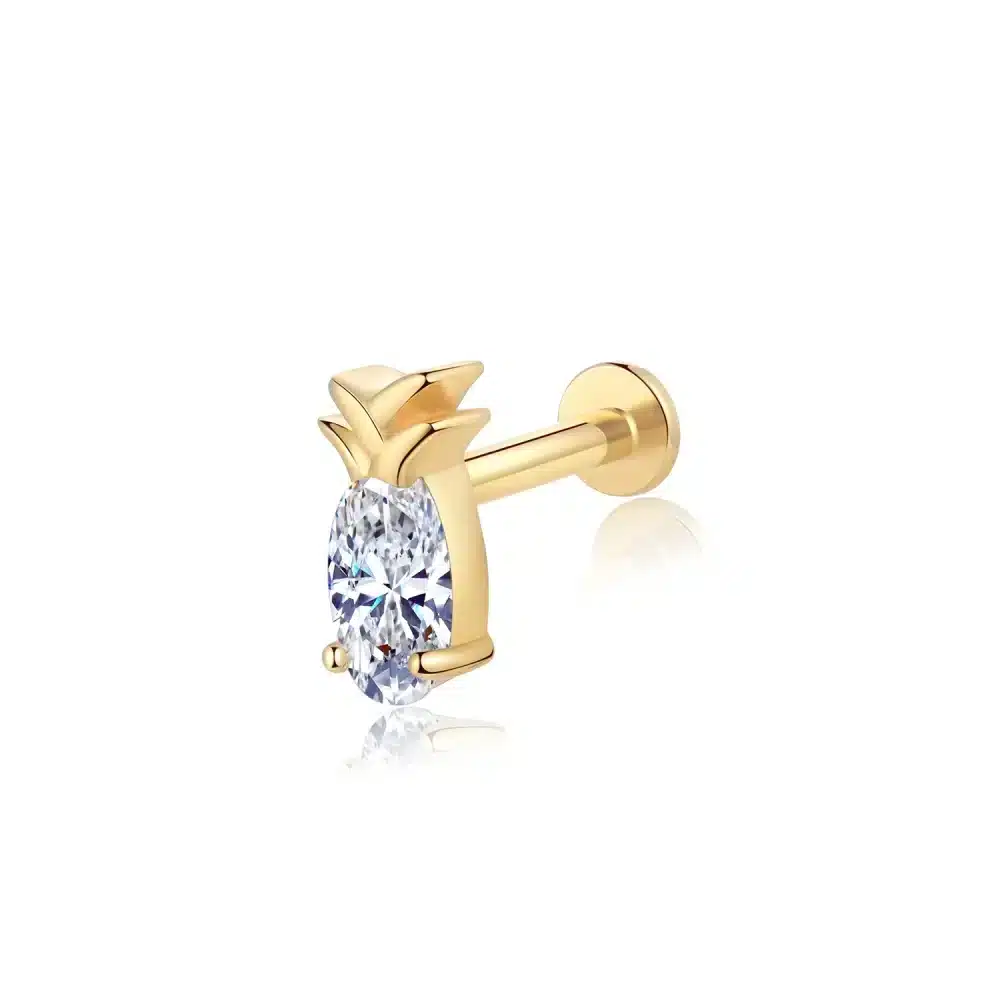 14K Solid Gold CZ Pineapple Shape Internally Threaded Labret Stud