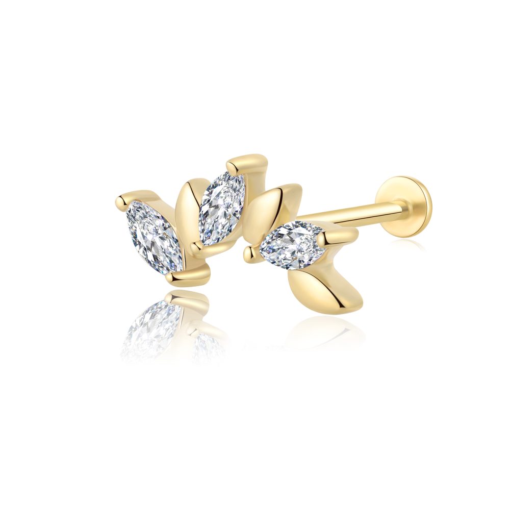 14K Gold CZ Flower Style Internally Threaded Labret Studs