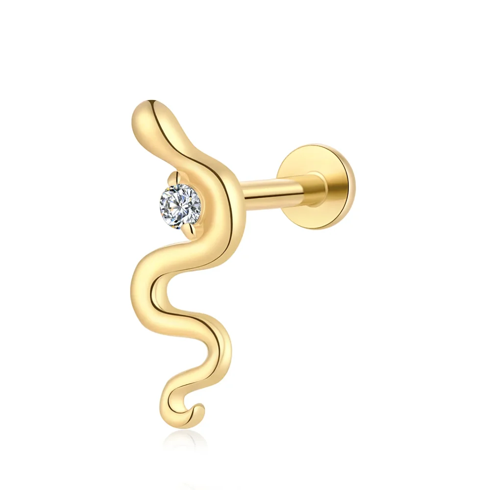 14K Solid Gold Internally Threaded Snake-Shaped Labret Stud With CZ Stone