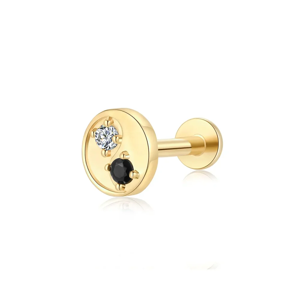 14K Solid Gold Tai Chi Inspired CZ Internally Threaded Piercing Jewelry