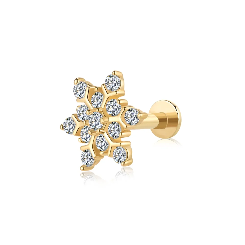 14K Solid Gold CZ Six Pointed Star Internally Threaded Labret Stud