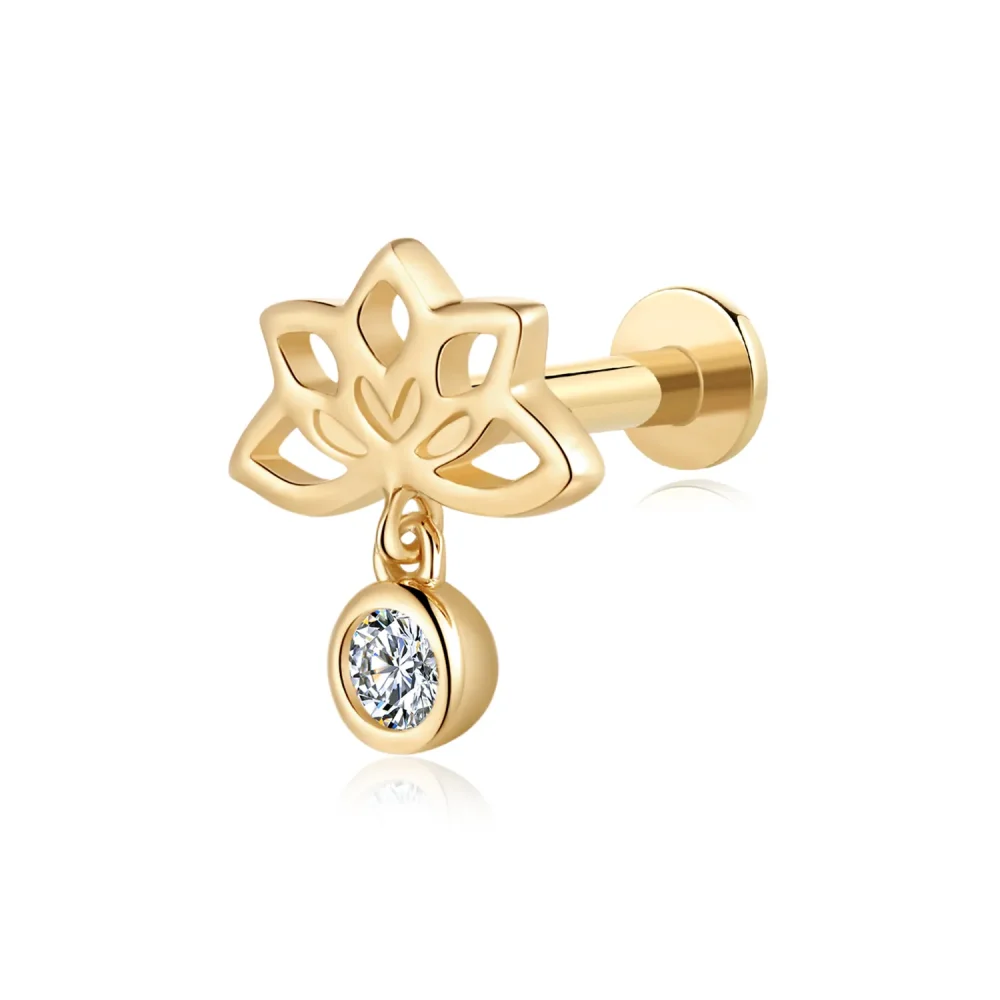 14k Solid Gold Lotus with CZ Internally Threaded Labret Stud