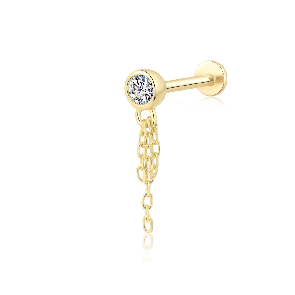 14K Gold CZ Tassel Style Internally Threaded Tops Labret Studs