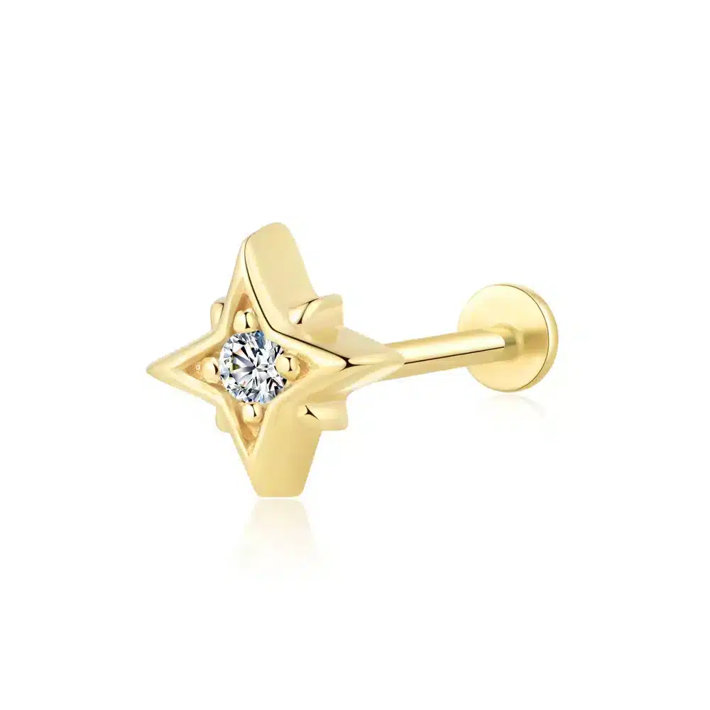 14K Gold CZ Starlight Shape Internally Threaded Labret Studs