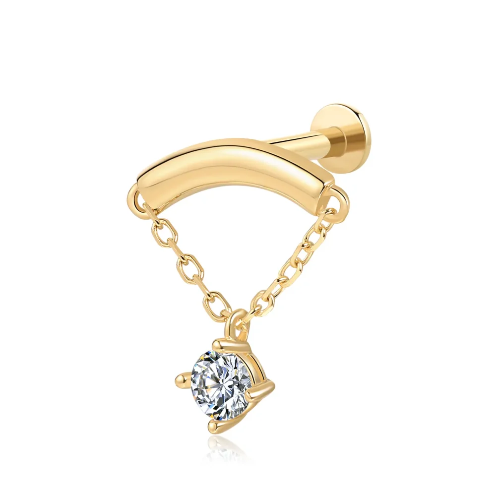 14K Solid Gold Dangling CZ Charm Internally Threaded Labret Stud