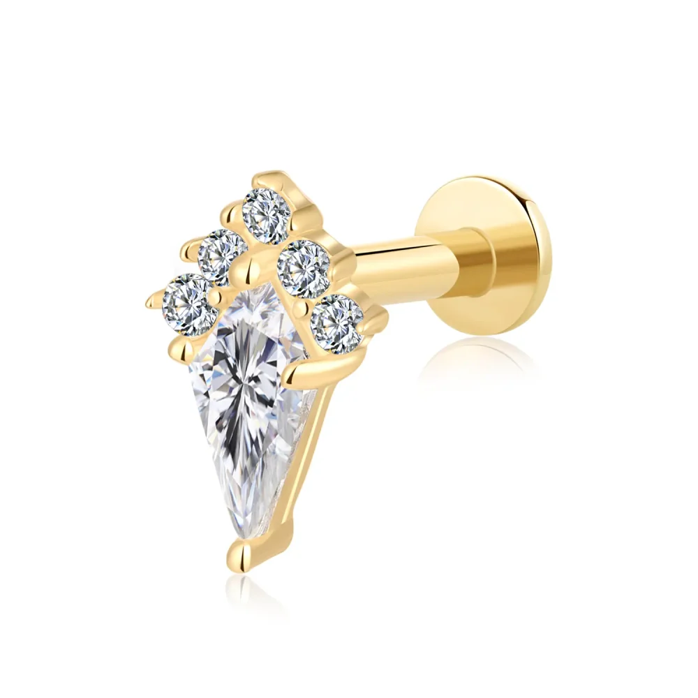 14K Solid Gold Internally Threaded Labret Stud With Prong Set CZ