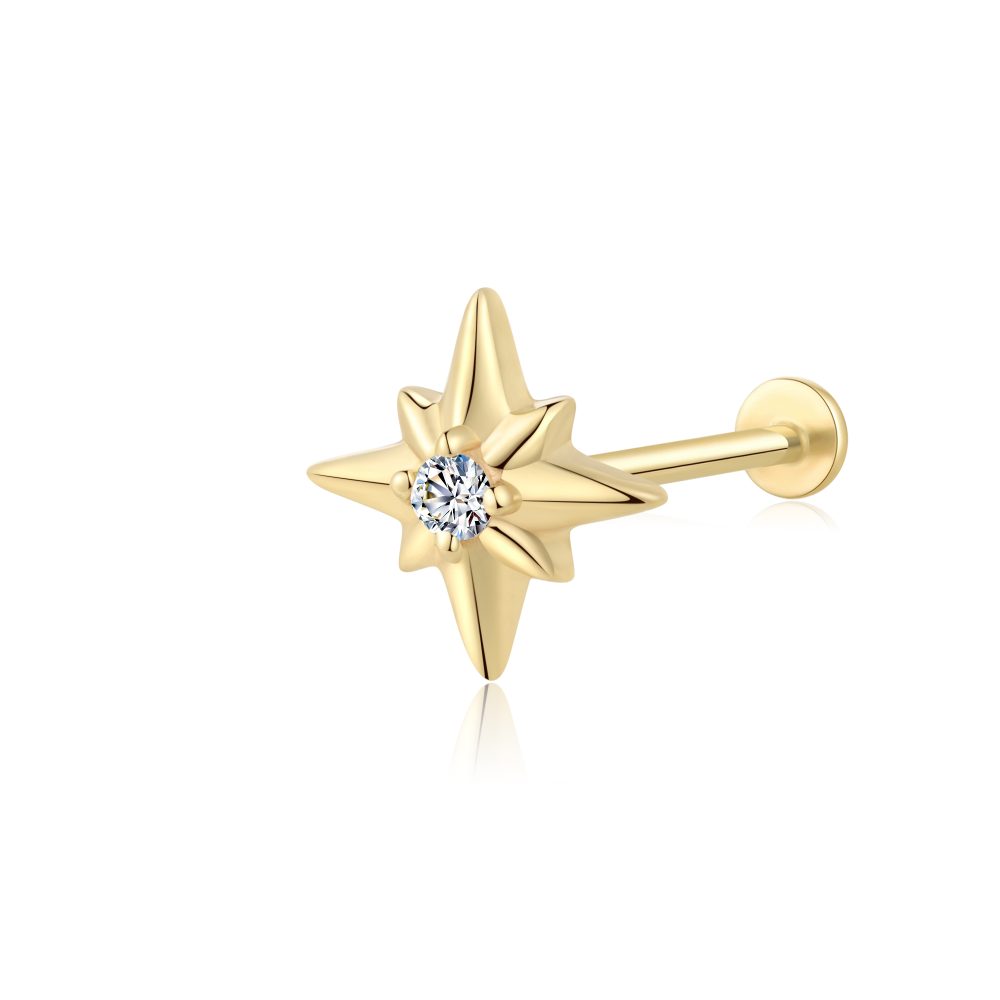 14K Solid Gold Starburst Shaped Internally Threaded Labret Studs