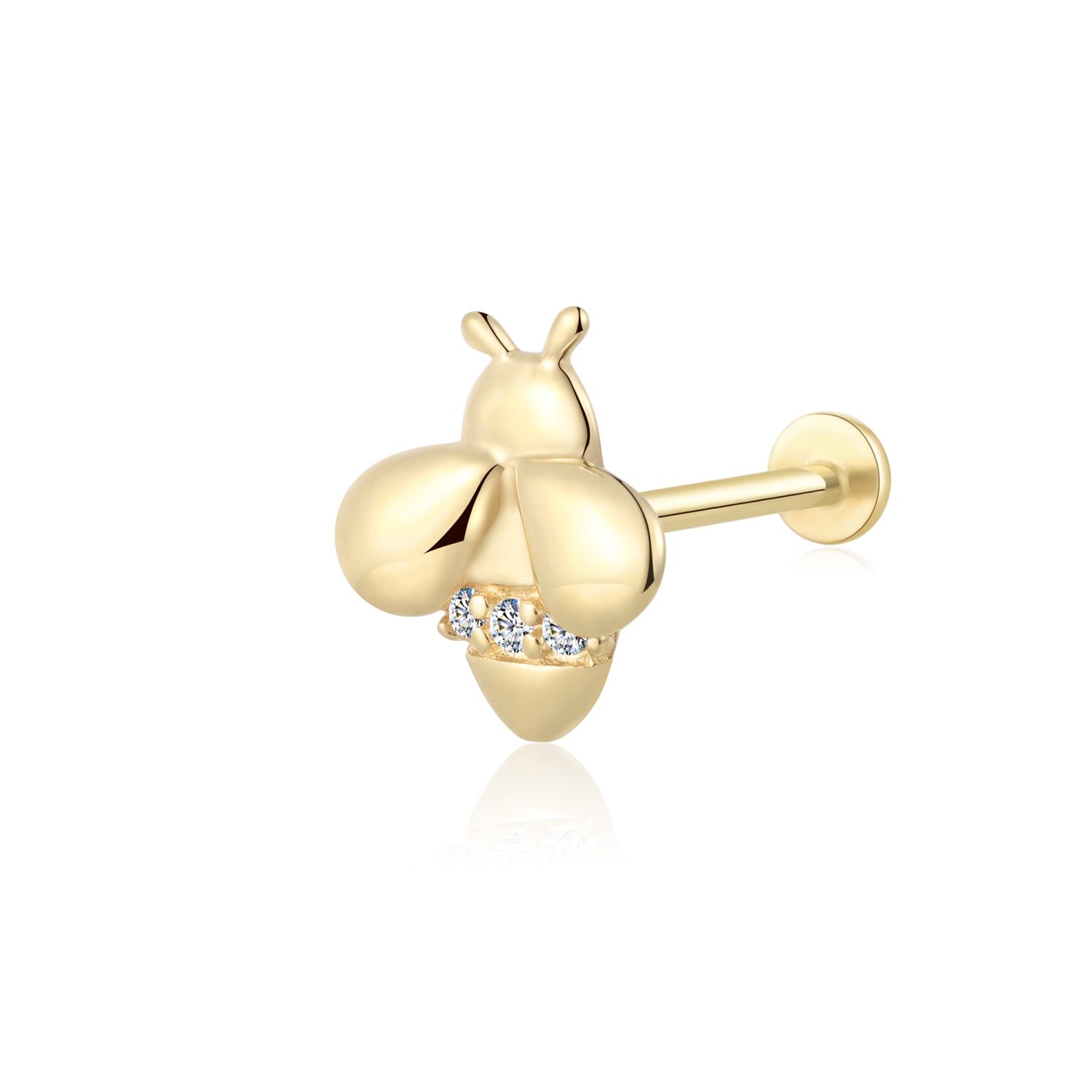 14K Gold Cute Little Bee Internally Threaded Tops Labret Studs