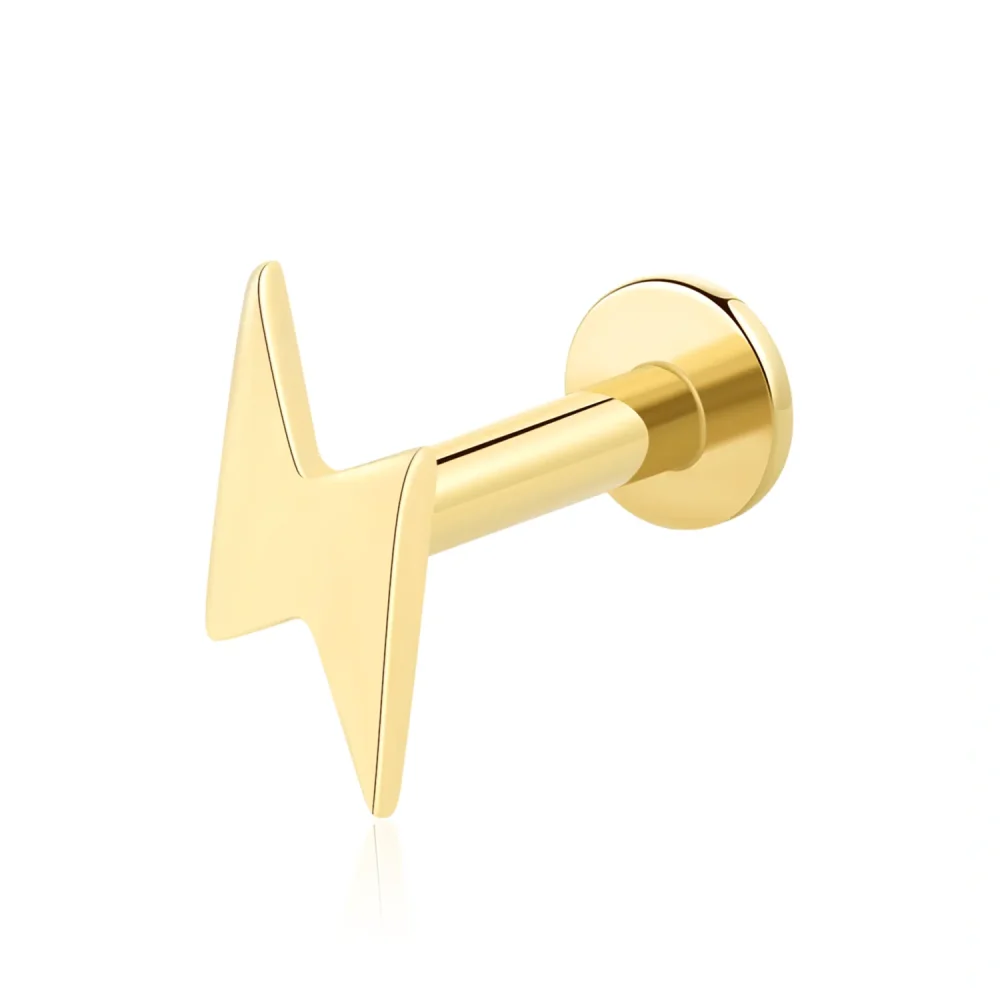 14K Solid Gold Lightning Bolt Internally Threaded Labret Stud