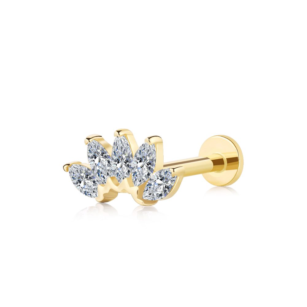 14K Solid Gold Threadless Piercing with Five Clear CZ Cluster