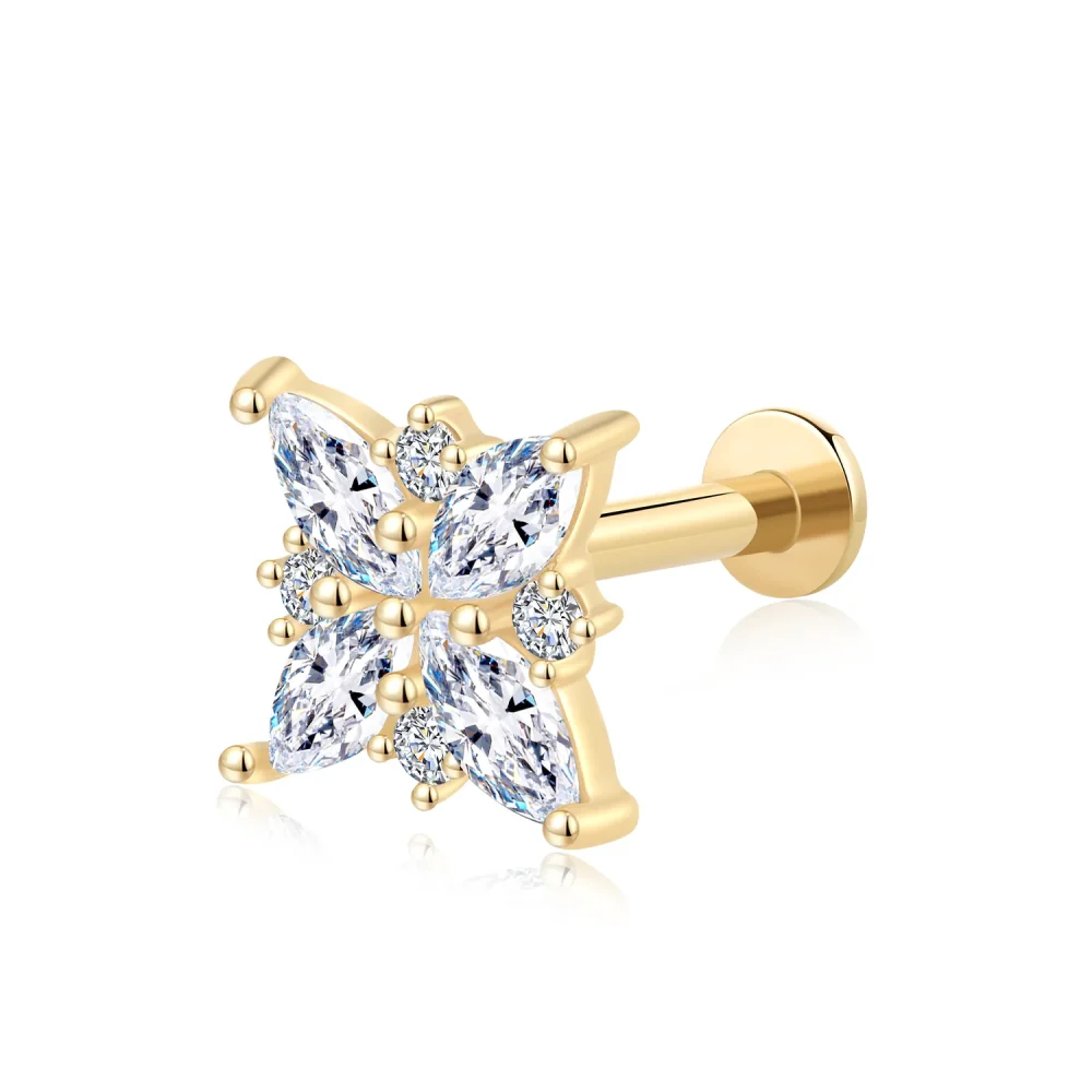 14K Solid Gold Starburst Threadless Labret Stud with Marquise-Cut CZ